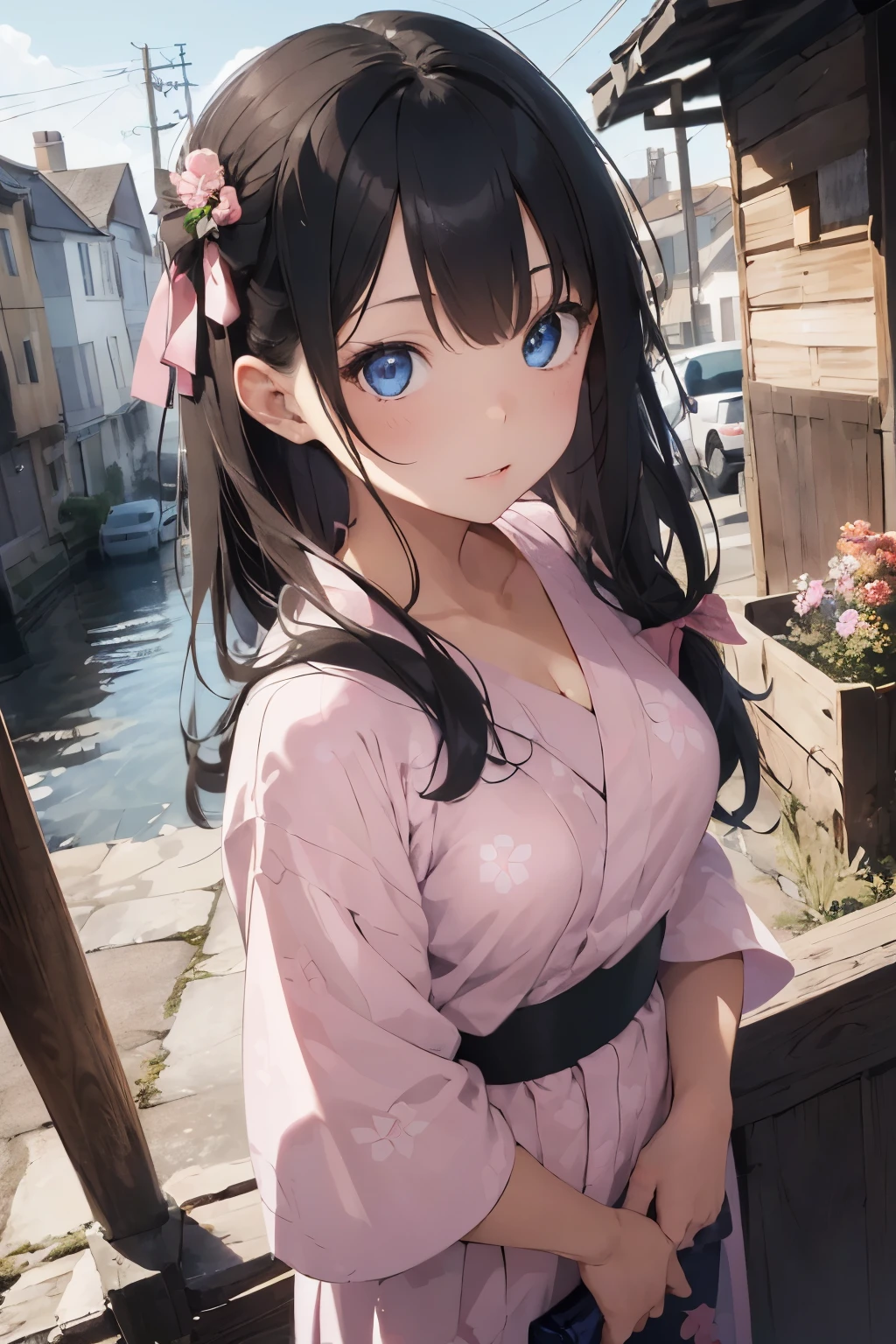 ((Highest quality)), ((masterpiece)), (detailed),((angel)),, Black Hair,(Childish face),((Straight Hair)), shiny hair, a Girl ,Medium Breasts, ((Blue eyes)), (close_up) ((shoot from above)), midnight, blunt bangs, hair bow, hair ribbon, red ribbon, ((pink yukata)), I was dressed loosely,Cleavage, flower, outdoors, Fireworks , 1girl, black bow, cate , masterpiece, ultra realistic, extremely detailed CG unity 8k wallpaper, best quality, stunning environment ,vibrant colors,