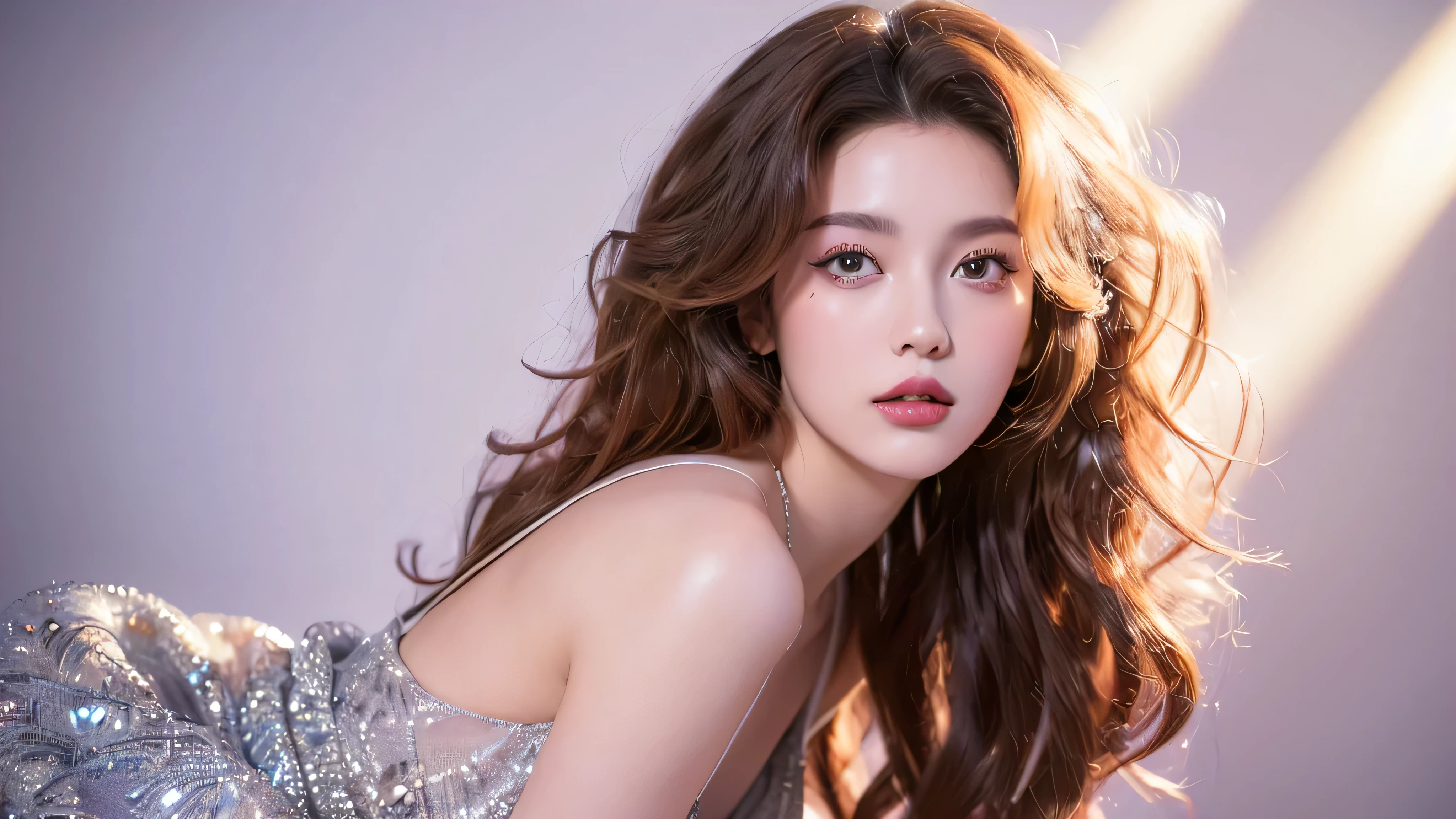 (masterpiece: 1.5, best quality, high resolution: 1.3, Super resolution, super detail, super detail: 1.3, Rich Background: 1.2), 1 girl, Alone, Portrait photo of a beautiful 28 year old girl in a modern style light purple dress, beautiful face makeup, (Curly hair just dyed platinum white:1.2), light yellow lipstick, brown eyes