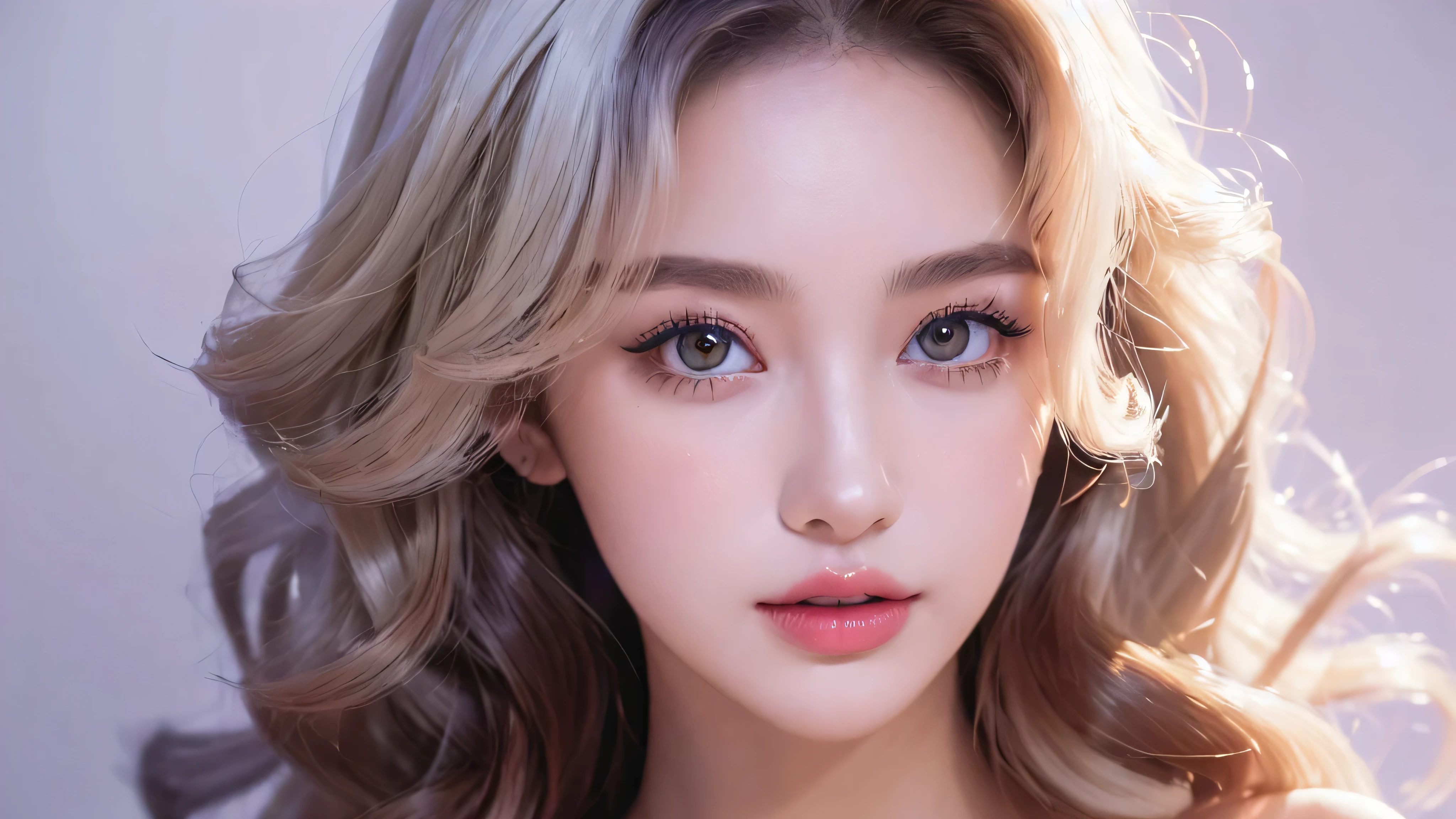 (masterpiece: 1.5, best quality, high resolution: 1.3, Super resolution, super detail, super detail: 1.3, Rich Background: 1.2), 1 girl, Alone, Portrait photo of a beautiful 28 year old girl in a modern style light purple dress, beautiful face makeup, (Curly hair just dyed platinum white:1.2), light yellow lipstick, brown eyes
