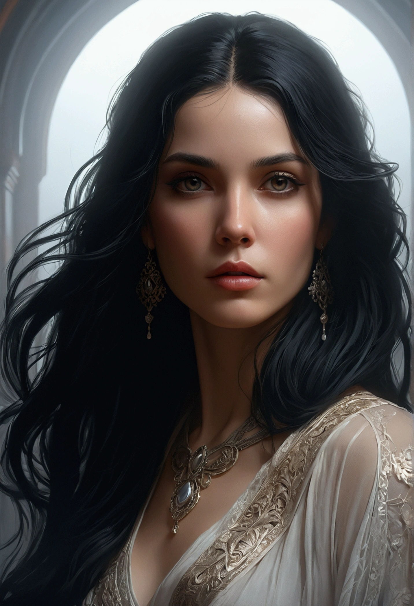 portrait of emb-rebecca with long black hair in fog, cinematic lighting, photorealistic, ornate, intricate, realistic, detailed, volumetric light and shadow intricate, elegant, highly detailed, digital painting, artstation, concept art, smooth, sharp focus, illustration, art by artgerm and greg rutkowski and alphonse mucha, super detailed