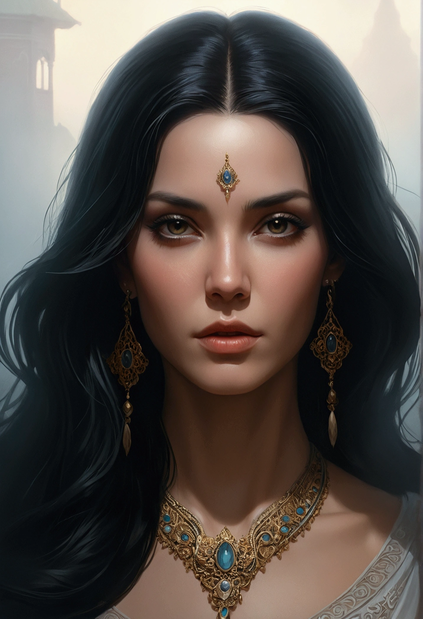 portrait of emb-rebecca with long black hair in fog, cinematic lighting, photorealistic, ornate, intricate, realistic, detailed, volumetric light and shadow intricate, elegant, highly detailed, digital painting, artstation, concept art, smooth, sharp focus, illustration, art by artgerm and greg rutkowski and alphonse mucha, super detailed