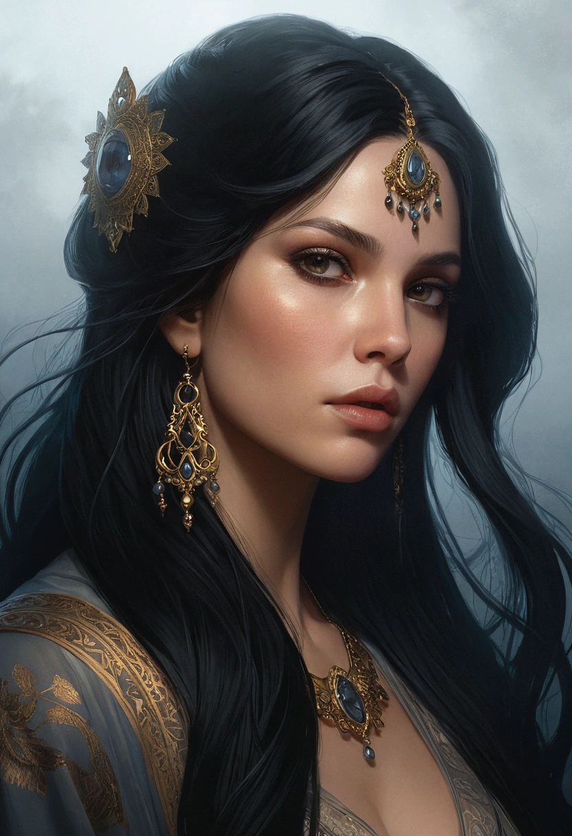portrait of emb-rebecca with long black hair in fog, cinematic lighting, photorealistic, ornate, intricate, realistic, detailed, volumetric light and shadow intricate, elegant, highly detailed, digital painting, artstation, concept art, smooth, sharp focus, illustration, art by artgerm and greg rutkowski and alphonse mucha, super detailed