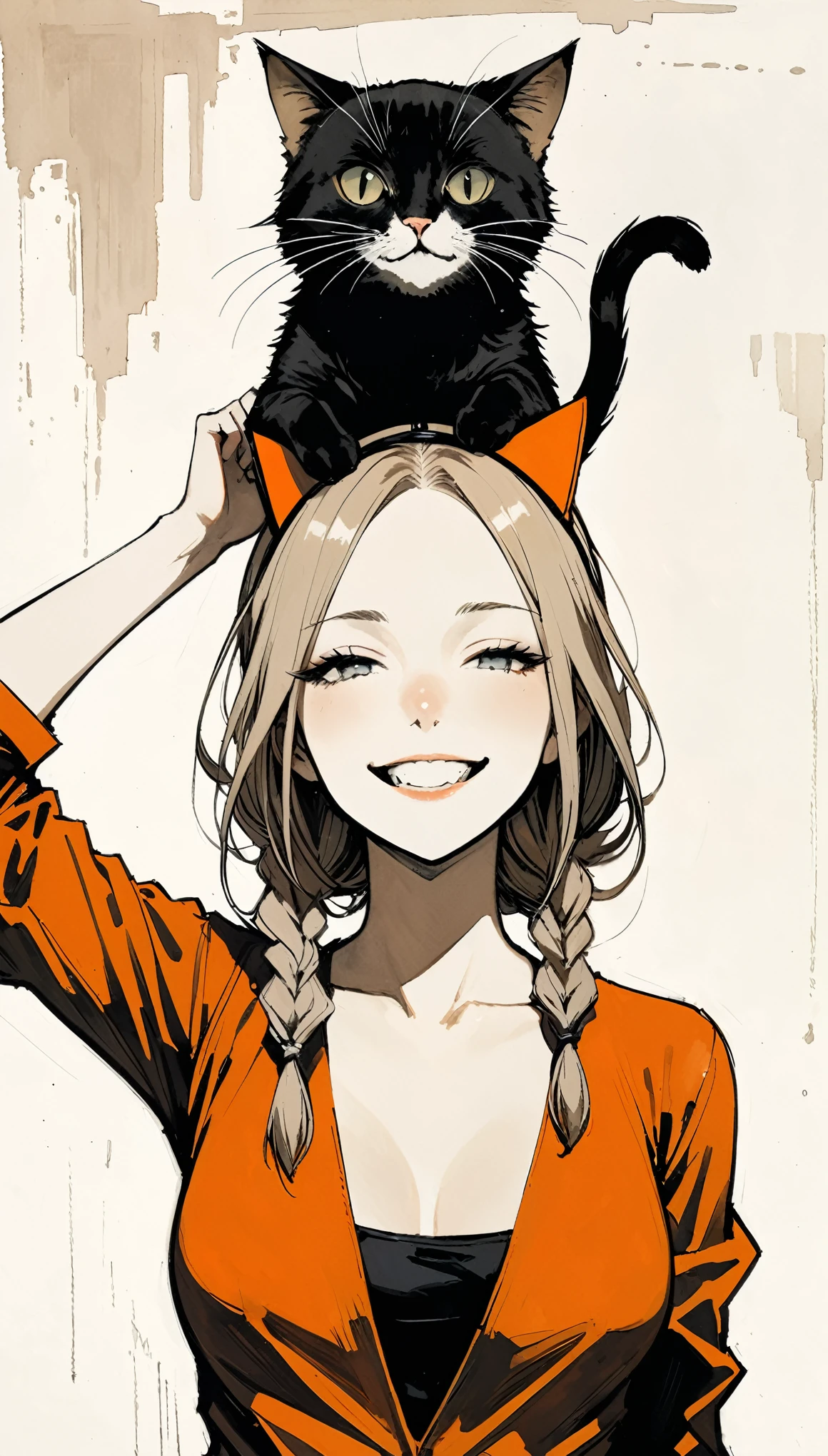 in style of Santiago Caruso,in style of ashley wood,in style of Albert Marquet,in style of Barnett Newman
character concept design,(1girl:1.1),upper_body,front braid,cat on head,{arm above head:1.4},laughing