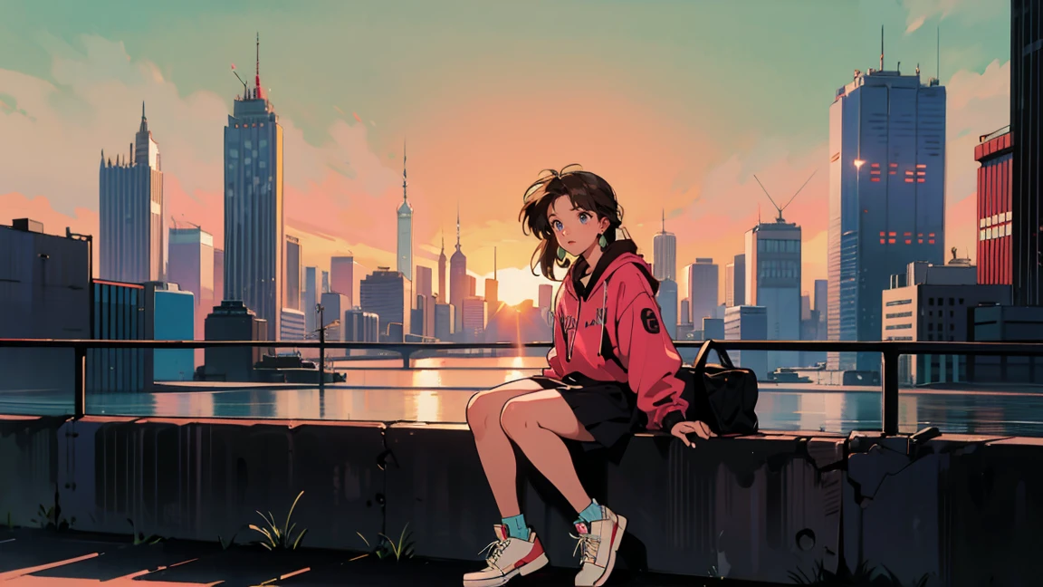 Highest quality, 8k, 1990s style,Hairstyles of the 2010s, 21 year old girl, Brown Hair, Light brown eyes, City Pop, Wear headphones, whole body