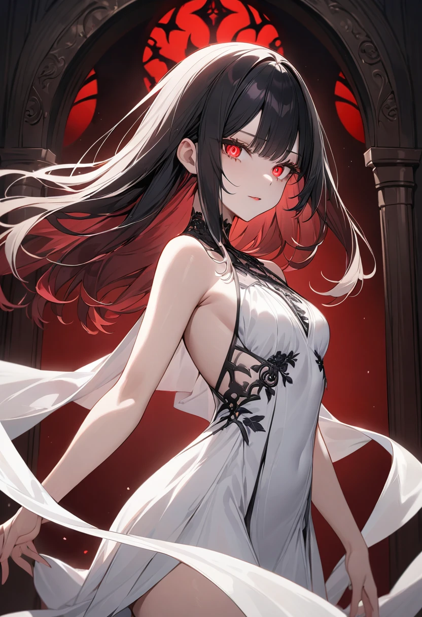 (masterpiece, top quality, very aesthetic, 4k、illustration), intricate detail, 1woman,、solo,contrapposto glowing eyes、,(cowboy shot)、dark persona、(),beautiful face、from side、clear face、straight hair、red to black gradient hair、,middle hair,sidelock ,red　eyes、white Summer Dresses、small breasts、Slim 、