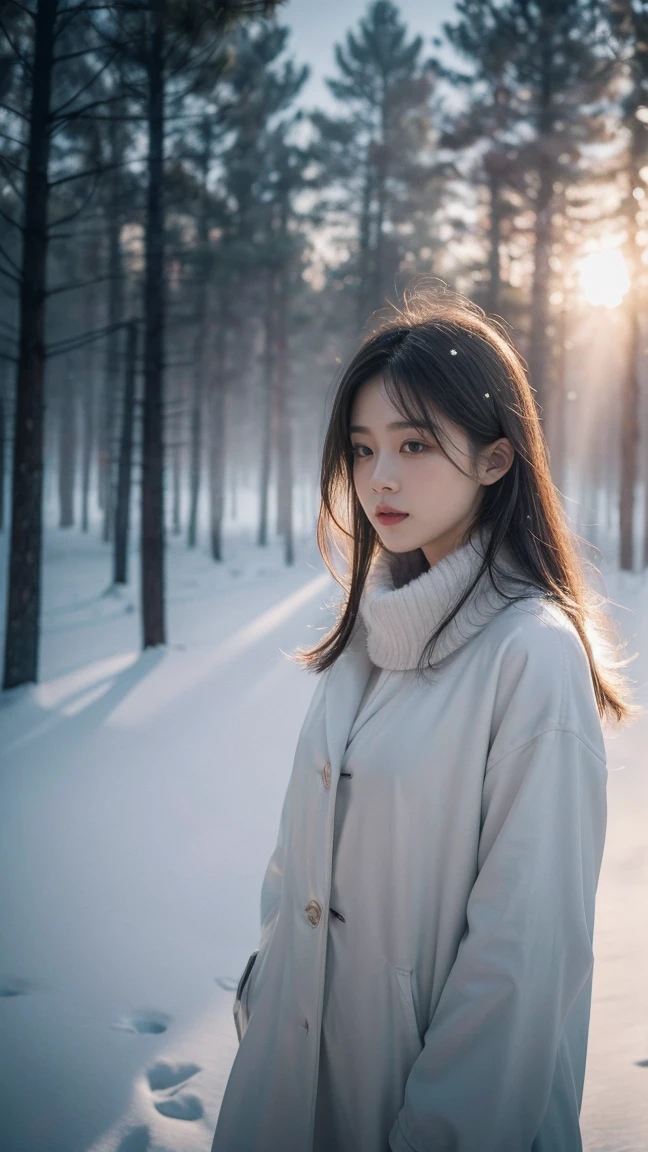 Realistic photos, ソニーA7IVで20mm GマスターレンズをF1の広い絞りに設定して撮Shadowしたシーン.5 Unforgettable beauty unfolds, superior 400, Professional Lighting, Bokeh, Depth of written boundary, Shadow, Bright light, granular, Very detailed, Bright high contrast light, sunset, Stunning Magical Night Colours, Thick Fog, Foggy, Dummy Color, White Forest Girl, snow, Peaceful and eerie, girl facing forward, Everything quickly fades into a white background, The atmosphere is quiet, calm and peaceful, deeply、Evoke emotions,