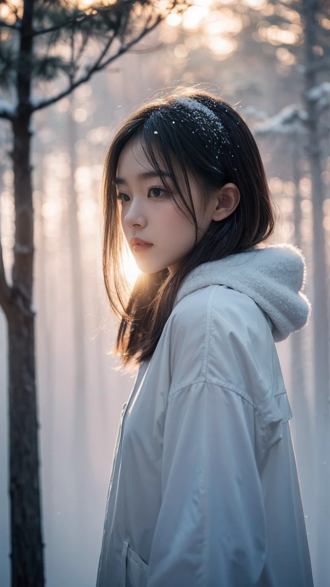 Realistic photos, ソニーA7IVで20mm GマスターレンズをF1の広い絞りに設定して撮Shadowしたシーン.5 Unforgettable beauty unfolds, superior 400, Professional Lighting, Bokeh, Depth of written boundary, Shadow, Bright light, granular, Very detailed, Bright high contrast light, sunset, Stunning Magical Night Colours, Thick Fog, Foggy, Dummy Color, White Forest Girl, snow, Peaceful and eerie, girl facing forward, Everything quickly fades into a white background, The atmosphere is quiet, calm and peaceful, deeply、Evoke emotions,