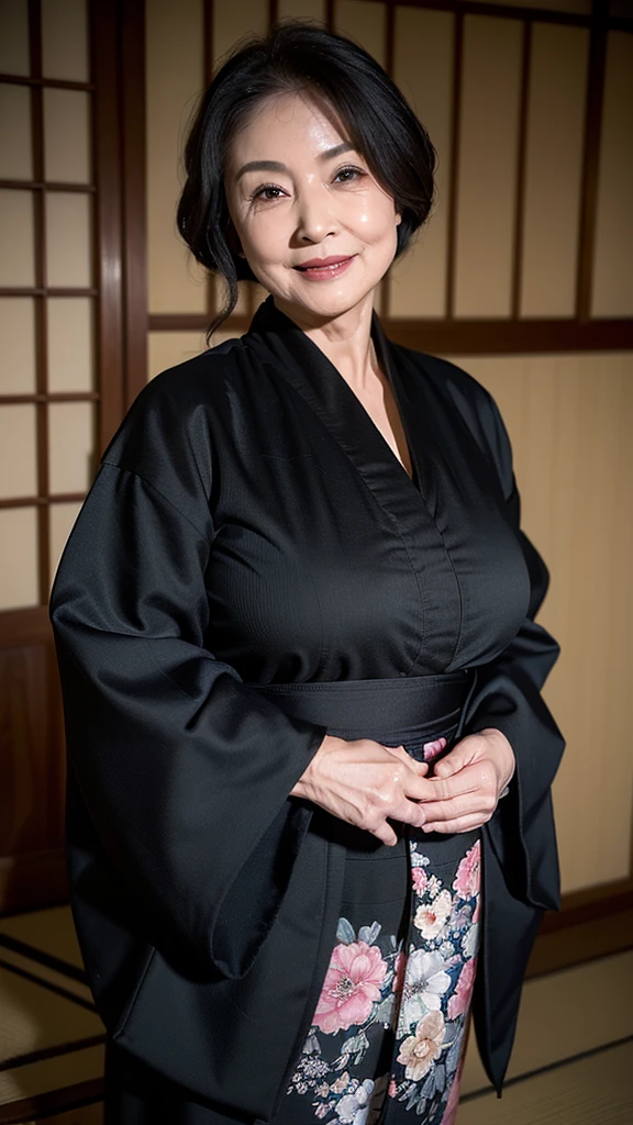 (masterpiece:1.4),(68-year-old woman:1.5),(facial wrinkles : 1.2),seductive smile, (up hair : 1.1), (wearing black kimono with pattern), beautiful Mature Woman, plump body, voluptuous body, traditional japanese scene, detailed background