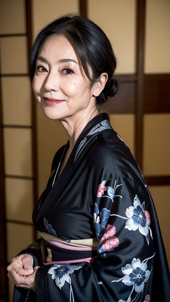 (masterpiece:1.4),(68-year-old woman:1.5),(facial wrinkles : 1.2),seductive smile, (up hair : 1.1), (wearing black kimono with pattern), beautiful Mature Woman, plump body, voluptuous body, traditional japanese scene, detailed background