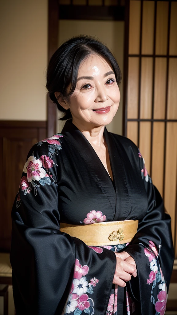 (masterpiece:1.4),(68-year-old woman:1.5),(facial wrinkles : 1.2),seductive smile, (up hair : 1.1), (wearing black kimono with pattern), beautiful Mature Woman, plump body, voluptuous body, traditional japanese scene, detailed background