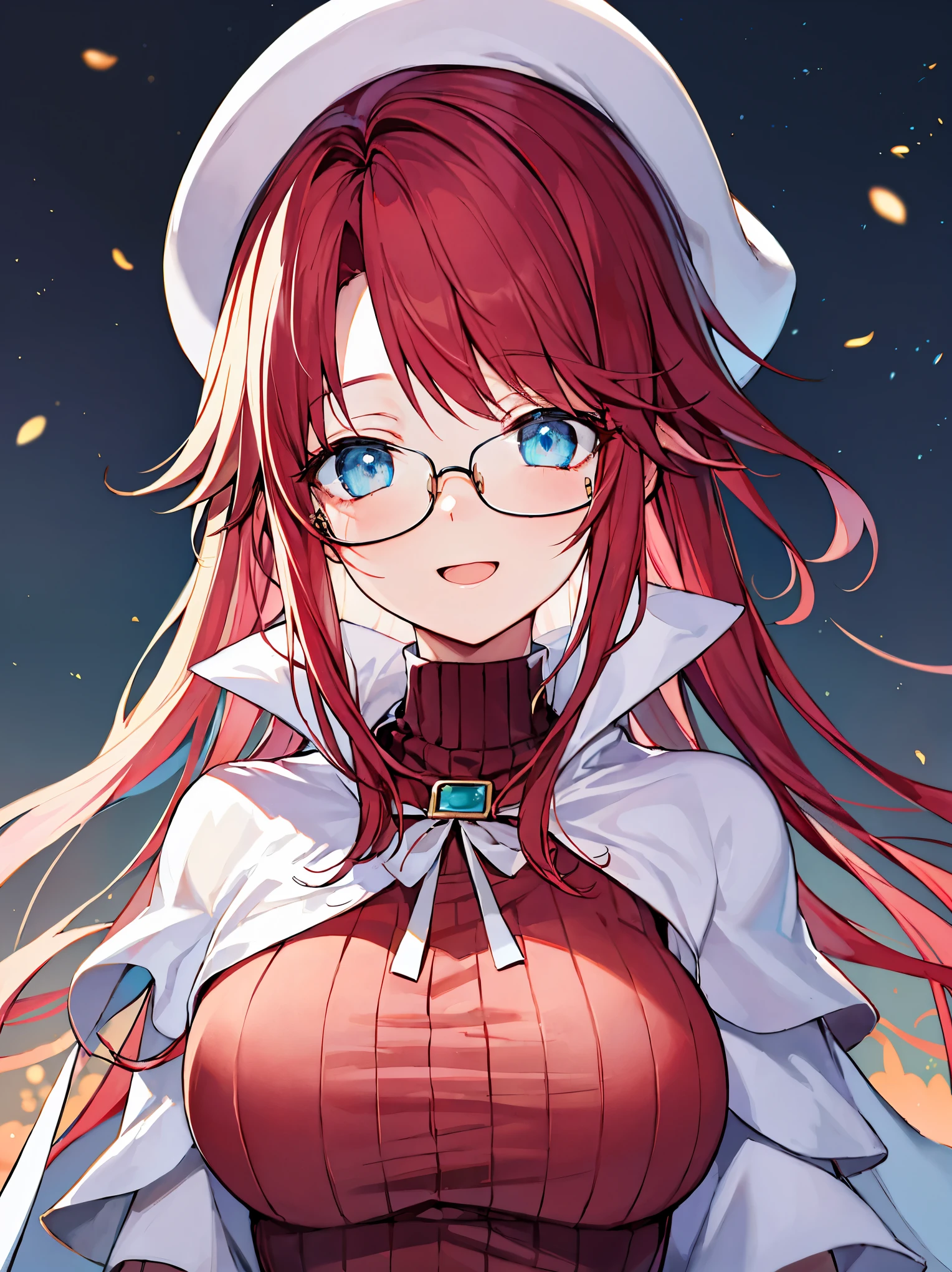 summonnightaty, aty, (young:1.3),long hair, blue eyes, red hair, big_tits, hat, glasses, BREAK long hair,, hat, dress,glasses, cape, sweater, beret,ribbed sweater,,solo, BREAK outdoors, fantasy, BREAK (masterpiece:1.2), best quality, high resolution, unity 8k wallpaper, (illustration:0.8), (beautiful detailed eyes:1.6), extremely detailed face, perfect lighting, extremely detailed CG, perfect anatomy),covered_nipples,half_eyes,sleepy_eyes,red_sweater,magical_effect,,Smile,open_mouth,solo,in_modern_town_landscape,night_sky,solo,portrait,bust up,looking_viewer
