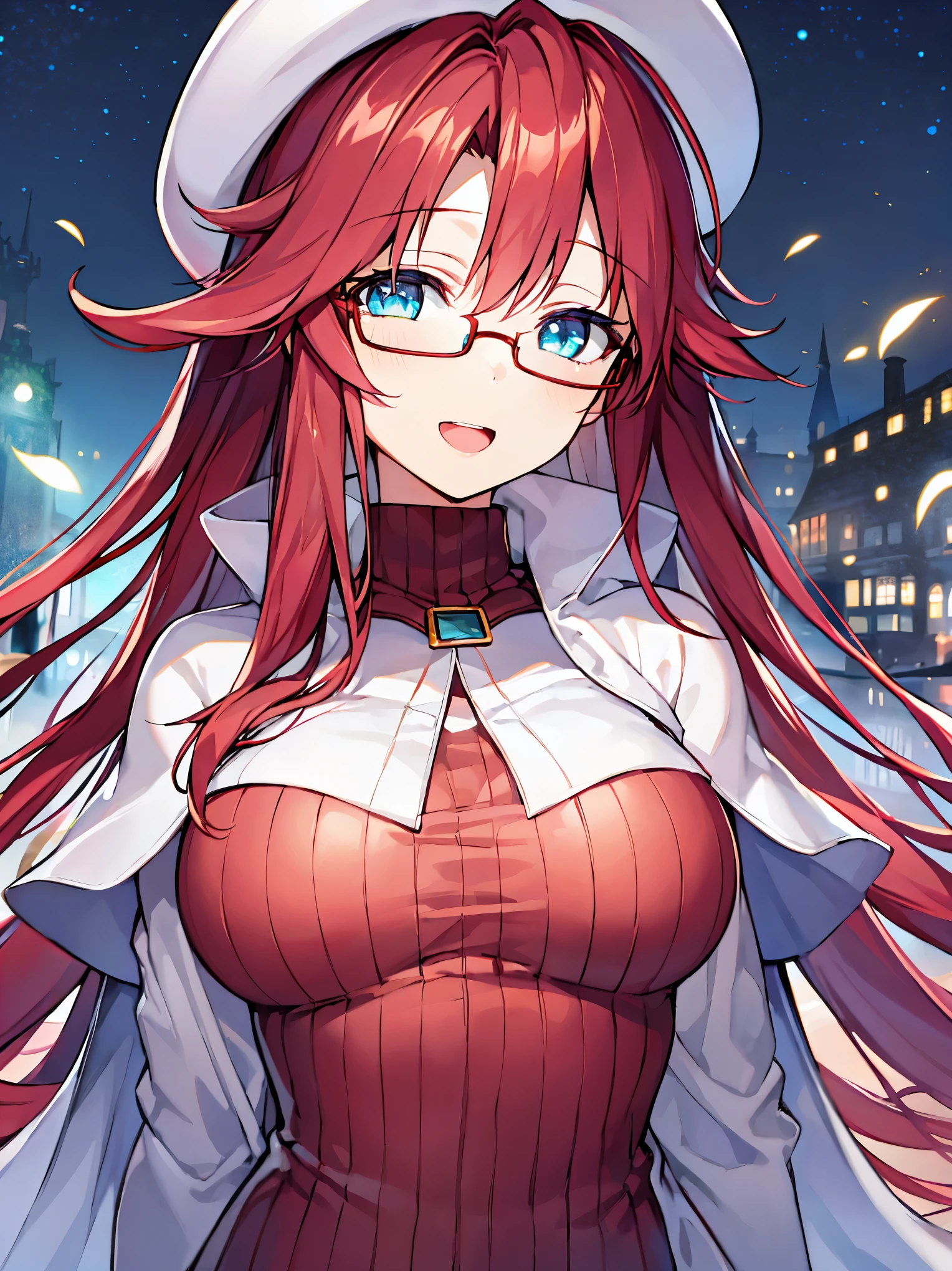 summonnightaty, aty, (young:1.3),long hair, blue eyes, red hair, big_tits, hat, glasses, BREAK long hair,, hat, dress,glasses, cape, sweater, beret,ribbed sweater,,solo, BREAK outdoors, fantasy, BREAK (masterpiece:1.2), best quality, high resolution, unity 8k wallpaper, (illustration:0.8), (beautiful detailed eyes:1.6), extremely detailed face, perfect lighting, extremely detailed CG, perfect anatomy),covered_nipples,half_eyes,sleepy_eyes,red_sweater,magical_effect,,Smile,open_mouth,solo,in_modern_town_landscape,night_sky,solo,portrait,bust up,looking_viewer