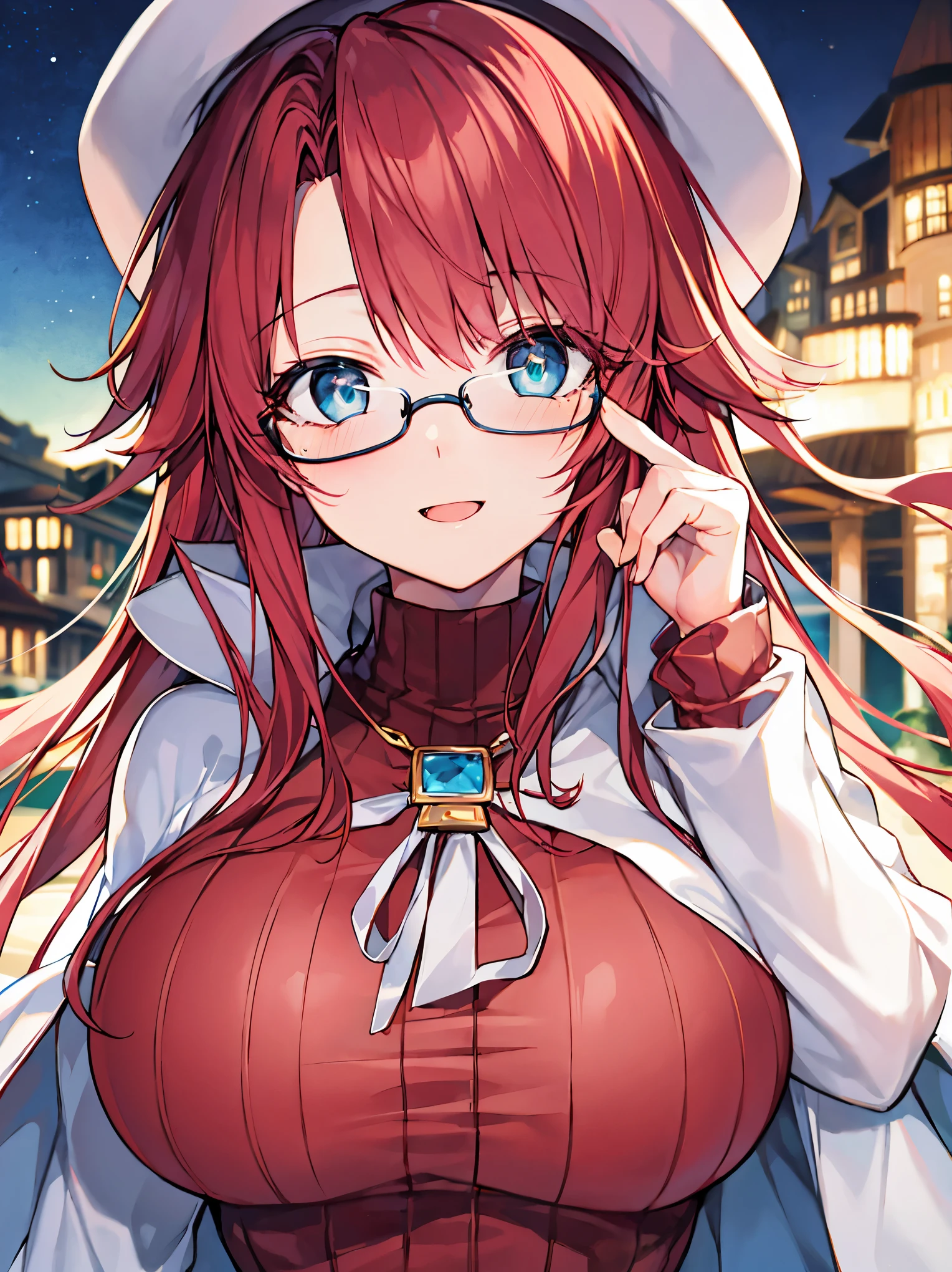 summonnightaty, aty, (young:1.3),long hair, blue eyes, red hair, big_tits, hat, glasses, BREAK long hair,, hat, dress,glasses, cape, sweater, beret,ribbed sweater,,solo, BREAK outdoors, fantasy, BREAK (masterpiece:1.2), best quality, high resolution, unity 8k wallpaper, (illustration:0.8), (beautiful detailed eyes:1.6), extremely detailed face, perfect lighting, extremely detailed CG, perfect anatomy),covered_nipples,half_eyes,sleepy_eyes,red_sweater,magical_effect,,Smile,open_mouth,solo,in_modern_town_landscape,night_sky,solo,portrait,bust up,looking_viewer