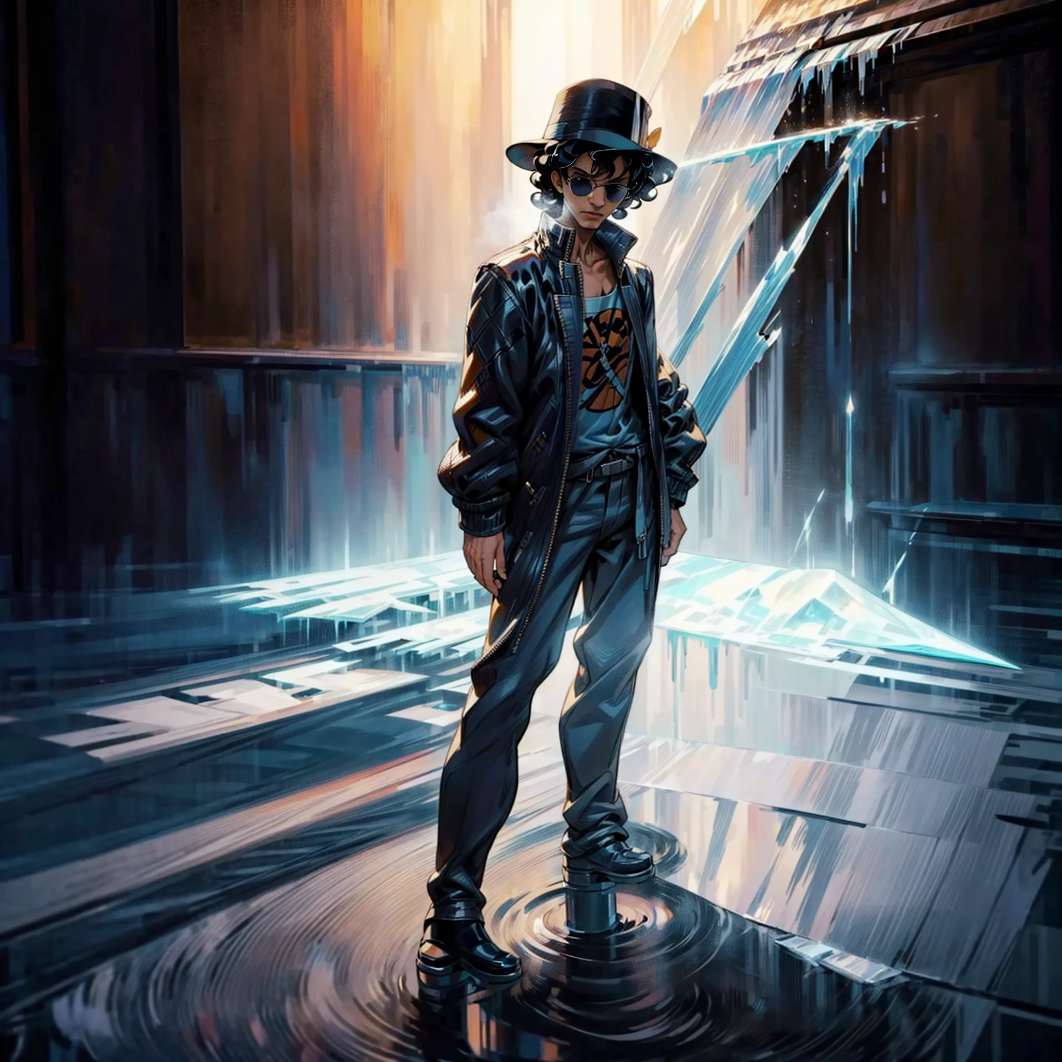 Solo character, full body version, aged man, black eyes, hat, black hair, Curly hairstyle, sunglasses, casual clothing, white boots, detailed shadow, (one piece style art), indoor room ice, cathedral, ice floor, Nitrogen smoke, glow ice effect, standing gesture, hand ice, ice magic 