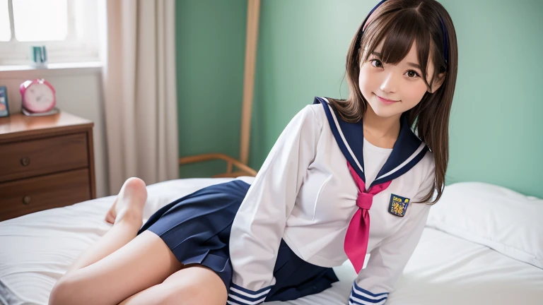(Complete full-body photo), (Full nude photoshoot), (high quality, masterpiece, Super Resolution,Raw photo), 8k, Cute Japanese Girls, Cute 10 year old elementary school student, (Clear Eyes:1.3), (Cute  face：1.5), Looking at the camera , nice smile, (Brown color, Straight bangs, Medium Hair ,straight), (The breasts are beautiful), (Balanced style), (Sailor suit, Cosplay, Navy, JK Uniform, high school girl, mini skirt), (Cute pink room)