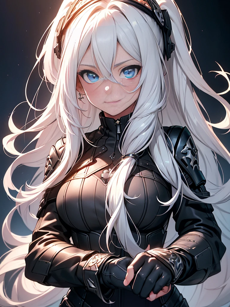 A beautiful girl with piercing blue eyes and long flowing silver hair, wearing ornate plate armor, wielding a large longsword, smiling, (best quality,8k,highres,masterpiece:1.2),ultra-detailed,(realistic,photorealistic,photo-realistic:1.37),intricate details,dramatic lighting,cinematic,fantasy art,digital painting,vibrant colors,glowing