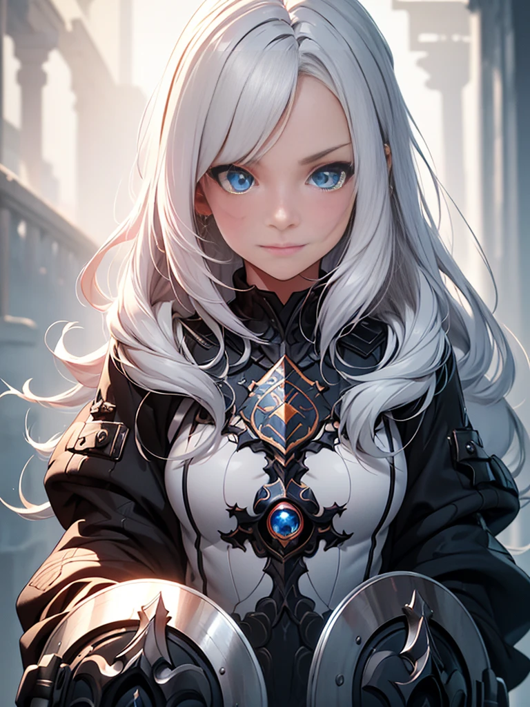 A beautiful girl with piercing blue eyes and long flowing silver hair, wearing ornate plate armor, wielding a large longsword, smiling, (best quality,8k,highres,masterpiece:1.2),ultra-detailed,(realistic,photorealistic,photo-realistic:1.37),intricate details,dramatic lighting,cinematic,fantasy art,digital painting,vibrant colors,glowing