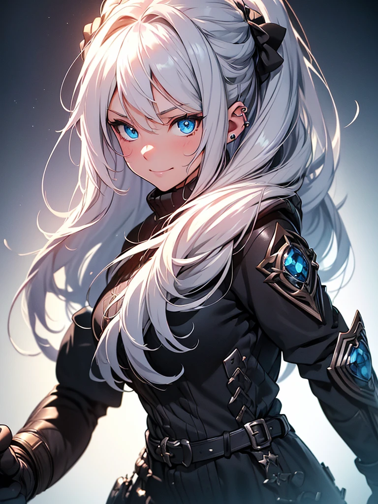 A beautiful girl with piercing blue eyes and long flowing silver hair, wearing ornate plate armor, wielding a large longsword, smiling, (best quality,8k,highres,masterpiece:1.2),ultra-detailed,(realistic,photorealistic,photo-realistic:1.37),intricate details,dramatic lighting,cinematic,fantasy art,digital painting,vibrant colors,glowing 