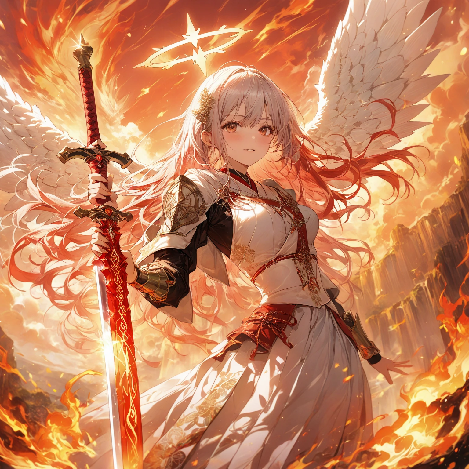 Fraction_9, Fraction_8_Direction_7_up, src_Japanese cartoons,masterpiece, best quality, high resolution, Extremely detailed CG, absurd, 1 Girl, A solemn angel girl stands with six flaming wings spread out behind her. She wears elaborate armor,Sparkling in the warm sunlight, Mystical landscape with golden light. Her dominant hand grasps the hilt of a gleaming sword, Runes engraved on the blade. In a large-scale shooting, Emphasize her noble temperament and fiery breath, Fire Oath, Red_sword, White_hair, long hair, The fire spread, ((Halo)), ((6 Wings)), Dazzling, ((Burning Heaven,Fire Cloud)),Fire Element, Red_theme