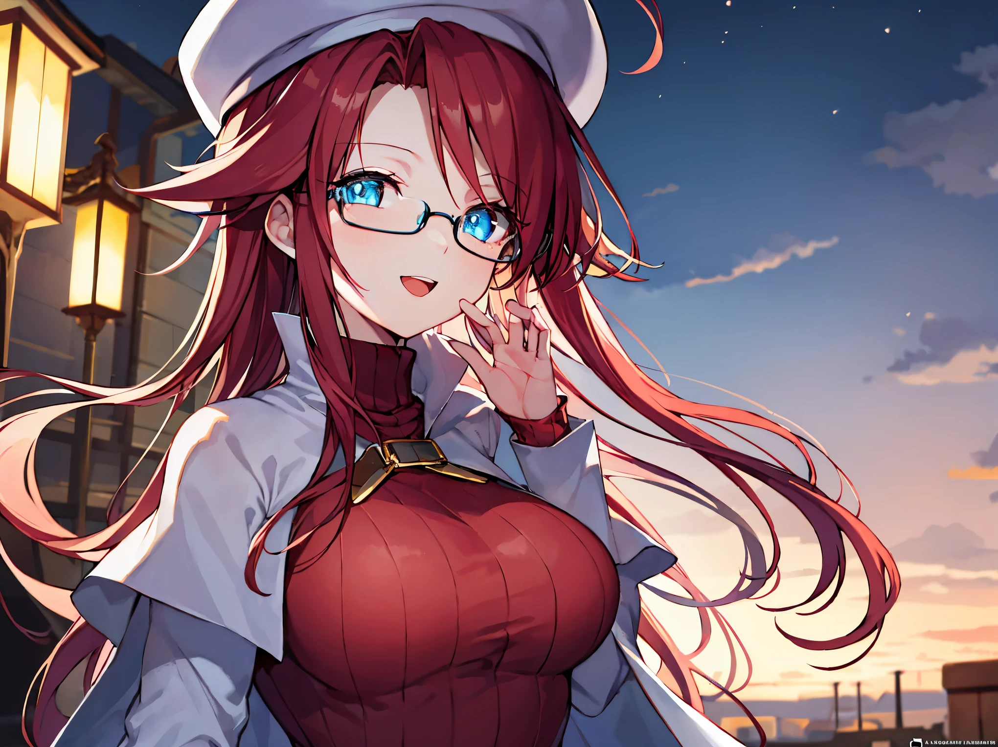 summonnightaty, aty, (young:1.3),long hair, blue eyes, red hair, big_tits, hat, glasses, BREAK long hair,, hat, dress,glasses, cape, sweater, beret,ribbed sweater,,solo, BREAK outdoors, fantasy, BREAK (masterpiece:1.2), best quality, high resolution, unity 8k wallpaper, (illustration:0.8), (beautiful detailed eyes:1.6), extremely detailed face, perfect lighting, extremely detailed CG, perfect anatomy),covered_nipples,half_eyes,sleepy_eyes,red_sweater,magical_effect,,Smile,open_mouth,solo,in_modern_town_landscape,night_sky,solo,portrait,bust up,looking_viewer