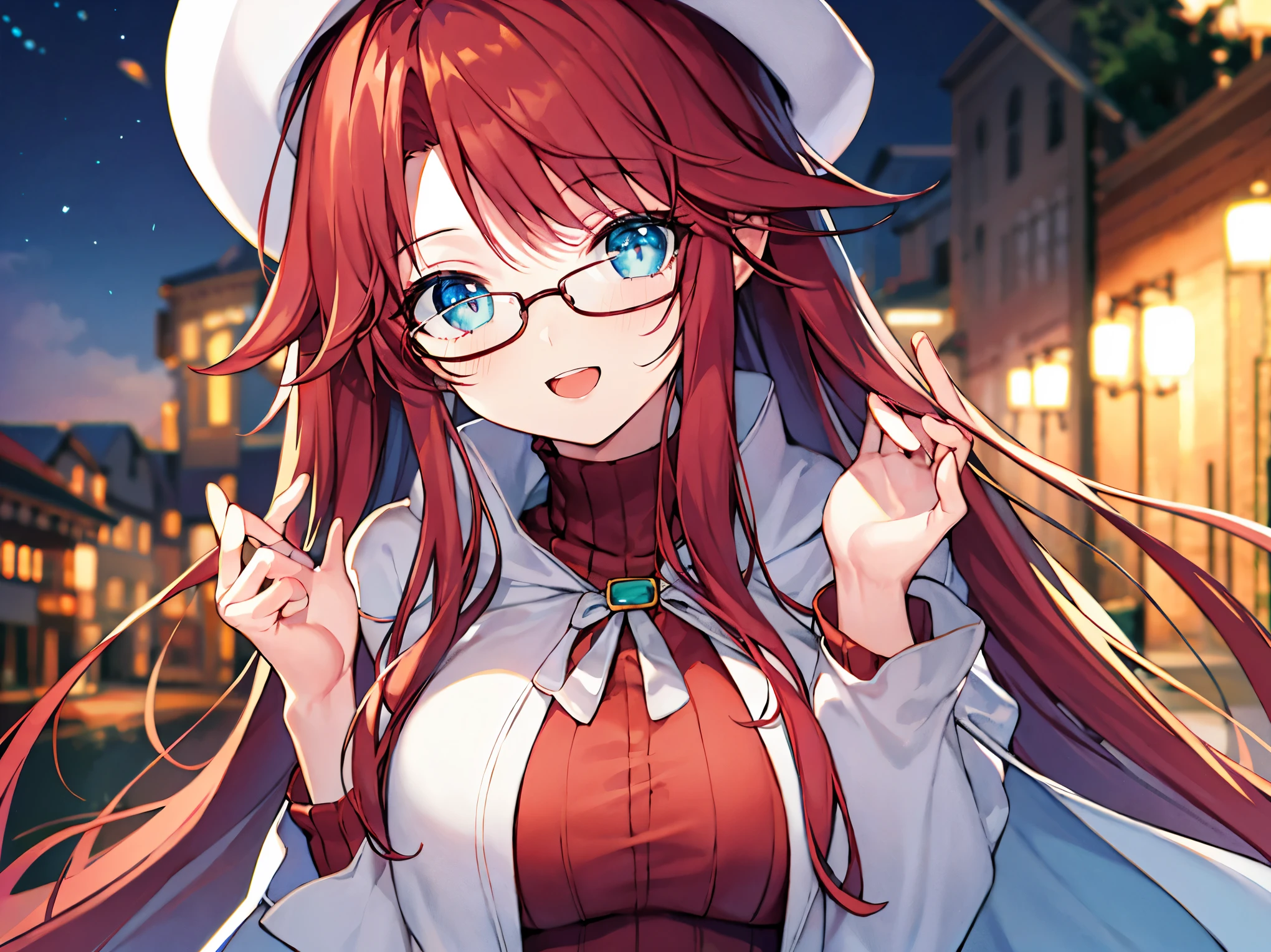 summonnightaty, aty, (young:1.3),long hair, blue eyes, red hair, big_tits, hat, glasses, BREAK long hair,, hat, dress,glasses, cape, sweater, beret,ribbed sweater,,solo, BREAK outdoors, fantasy, BREAK (masterpiece:1.2), best quality, high resolution, unity 8k wallpaper, (illustration:0.8), (beautiful detailed eyes:1.6), extremely detailed face, perfect lighting, extremely detailed CG, perfect anatomy),covered_nipples,half_eyes,sleepy_eyes,red_sweater,magical_effect,,Smile,open_mouth,solo,in_modern_town_landscape,night_sky,solo,portrait,bust up,looking_viewer