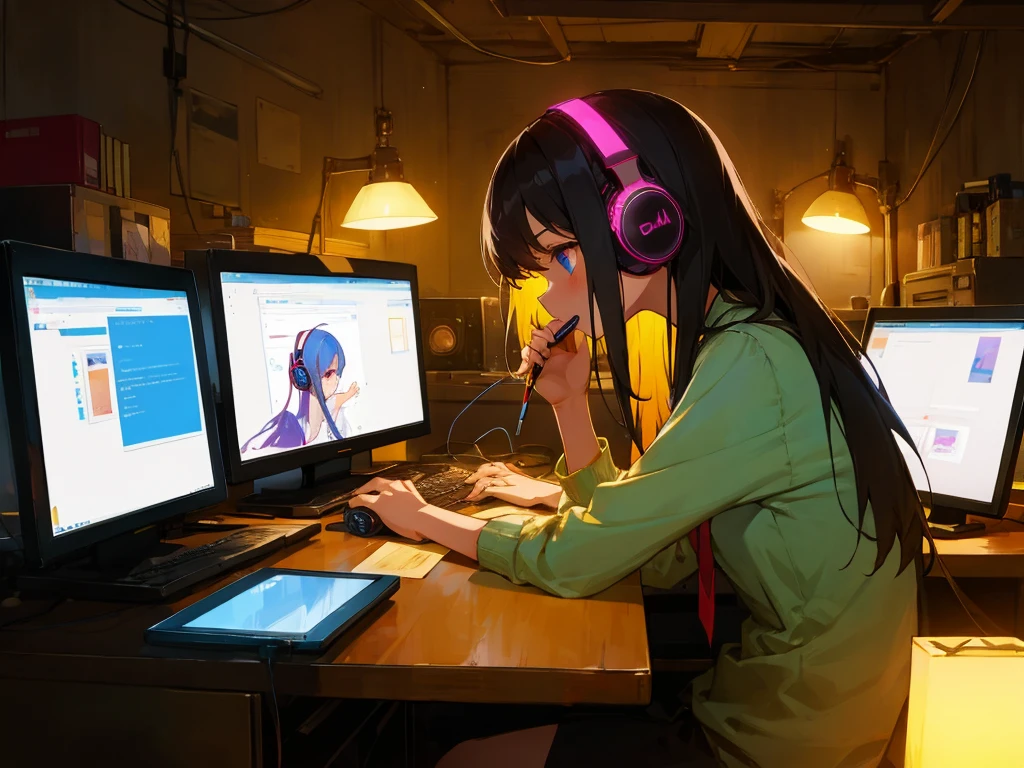 A girl working on a computer with headphones on in a dimly lit room at night