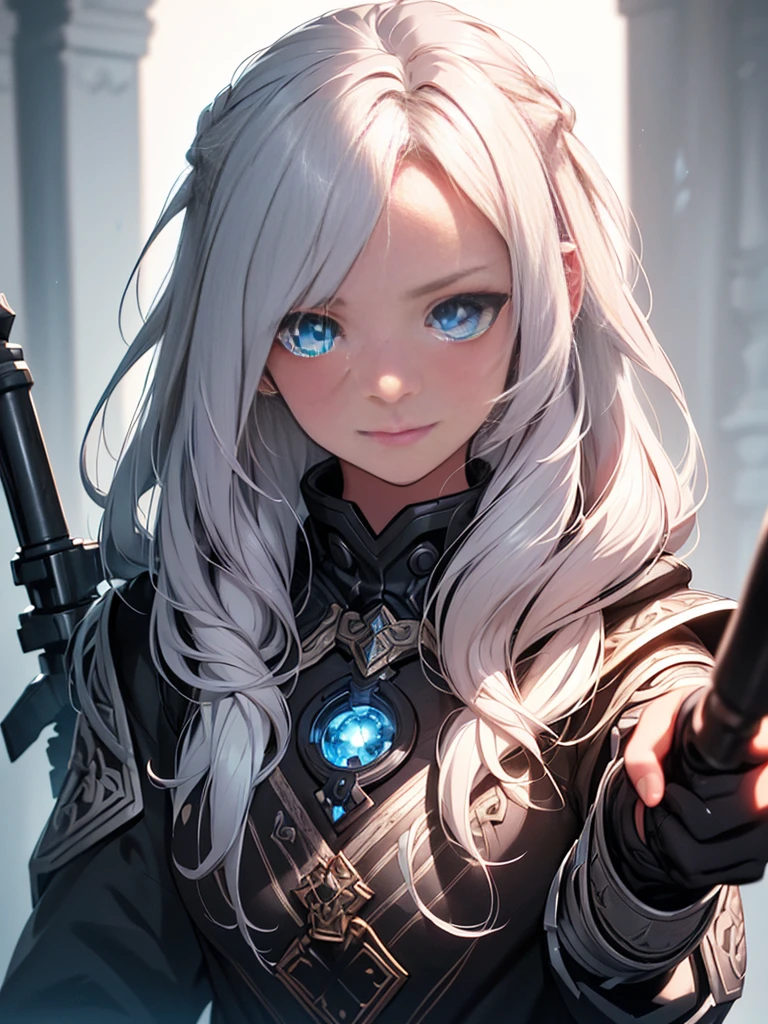 A beautiful girl with piercing blue eyes and long flowing silver hair, wearing ornate plate armor, wielding a large longsword, smiling, (best quality,8k,highres,masterpiece:1.2),ultra-detailed,(realistic,photorealistic,photo-realistic:1.37),intricate details,dramatic lighting,cinematic,fantasy art,digital painting,vibrant colors,glowing