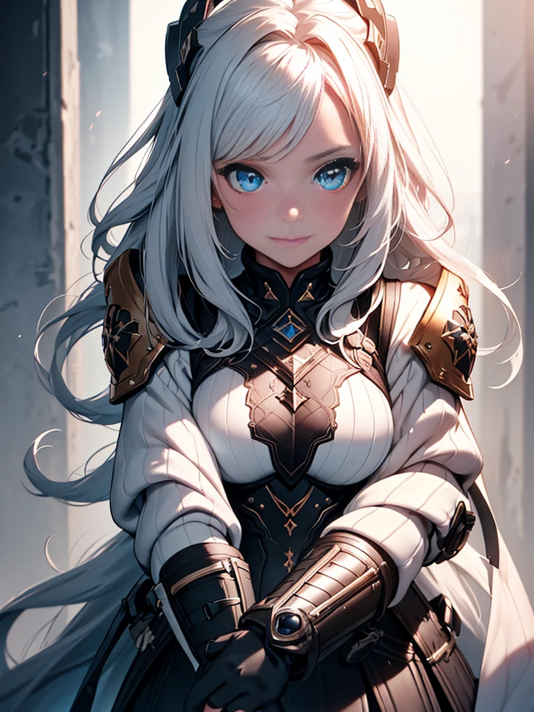 A beautiful girl with piercing blue eyes and long flowing silver hair, wearing ornate plate armor, wielding a large longsword, smiling, (best quality,8k,highres,masterpiece:1.2),ultra-detailed,(realistic,photorealistic,photo-realistic:1.37),intricate details,dramatic lighting,cinematic,fantasy art,digital painting,vibrant colors,glowing