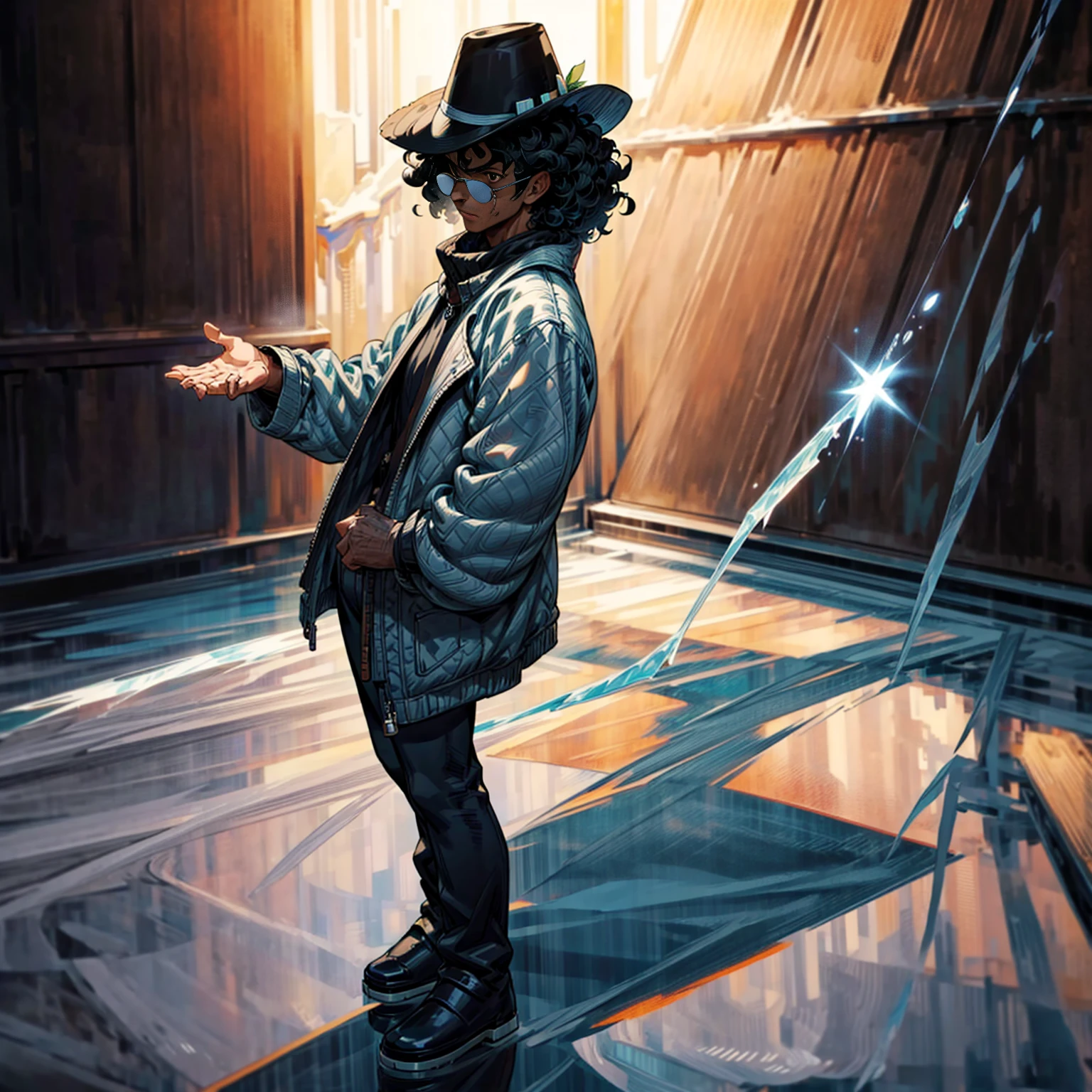 Solo character, full body version, aged man, black eyes, hat, black hair, Curly hairstyle, sunglasses, casual clothing, white boots, detailed shadow, (one piece style art), indoor room ice, cathedral, ice floor, Nitrogen smoke, glow ice effect, standing gesture, hand ice, ice magic 