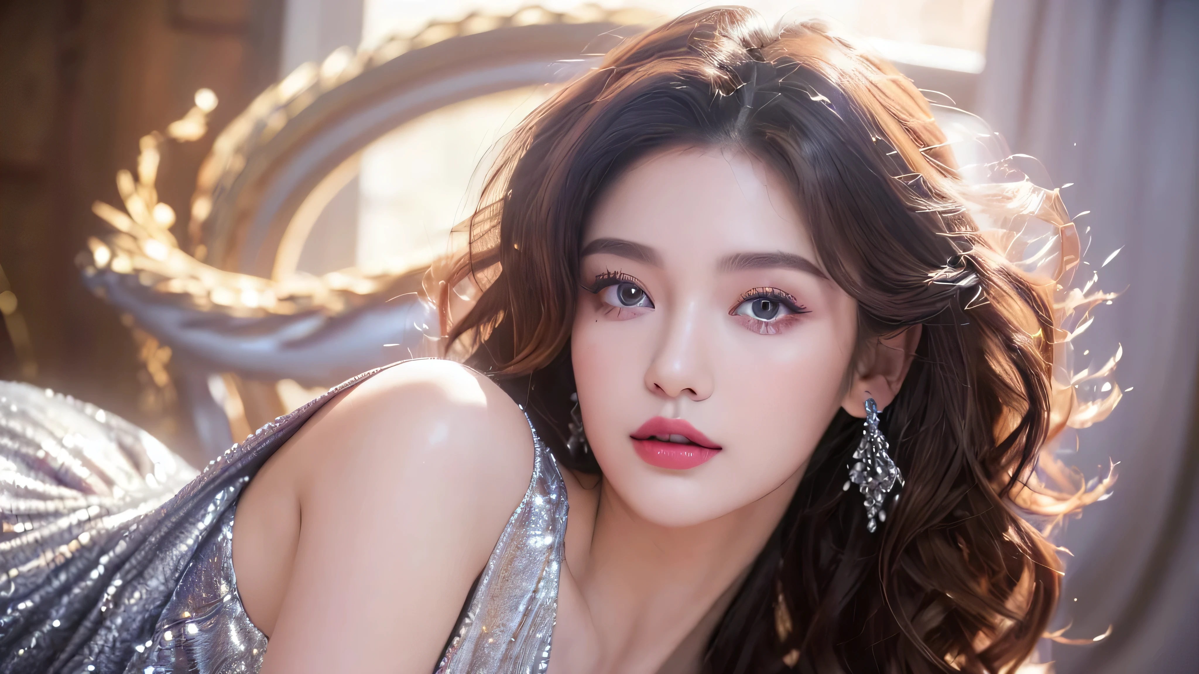 (masterpiece: 1.5, best quality, high resolution: 1.3, Super resolution, super detail, super detail: 1.3, Rich Background: 1.2), 1 girl, Alone, Portrait photo of a beautiful 28 year old girl in a modern style light purple dress, beautiful face makeup, (Curly hair just dyed platinum white:1.2), light yellow lipstick, brown eyes