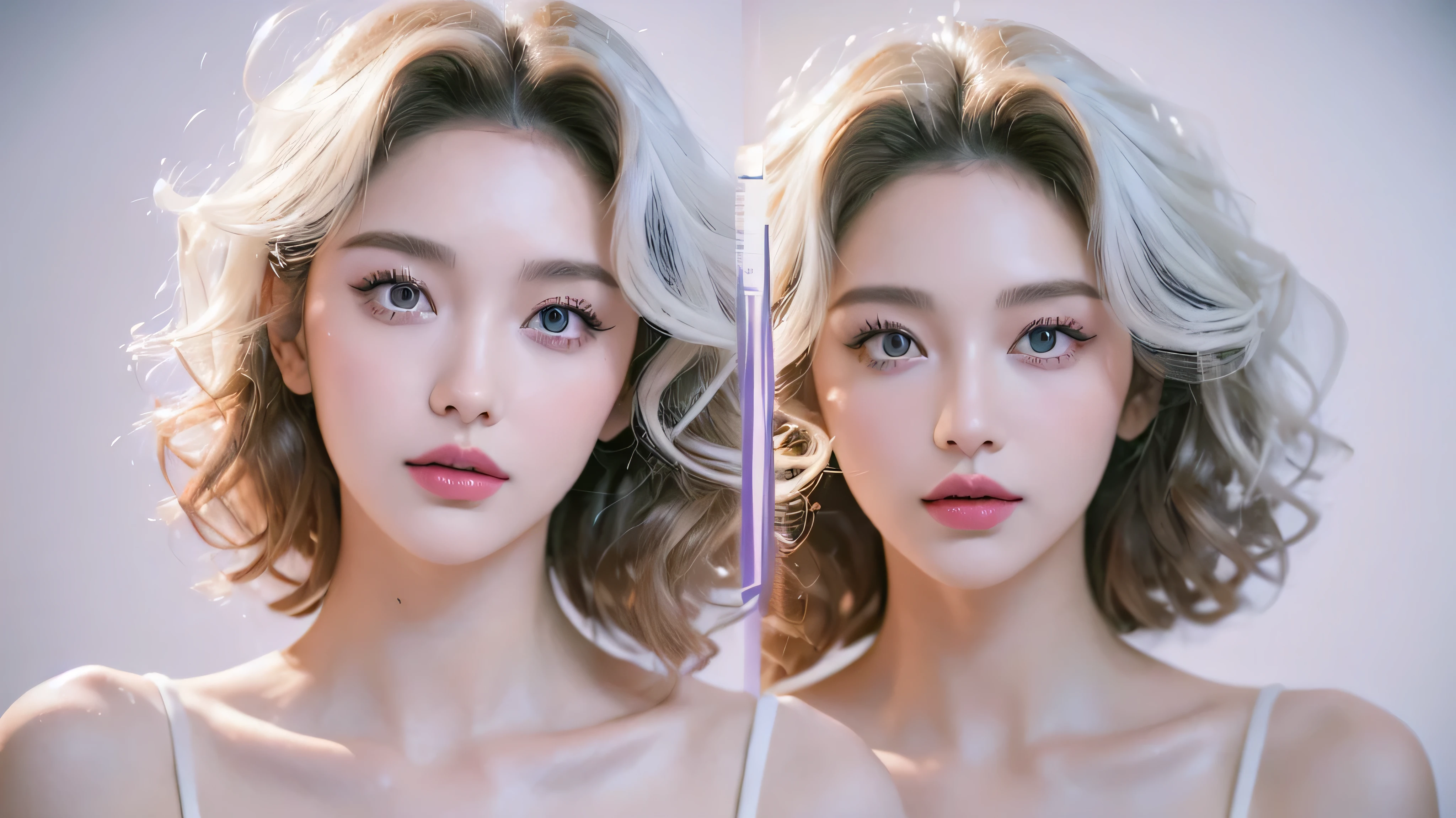 (masterpiece: 1.5, best quality, high resolution: 1.3, Super resolution, super detail, super detail: 1.3, Rich Background: 1.2), 1 girl, Alone, Portrait photo of a beautiful 28 year old girl in a modern style light purple dress, beautiful face makeup, (Curly hair just dyed platinum white:1.2), light yellow lipstick, brown eyes