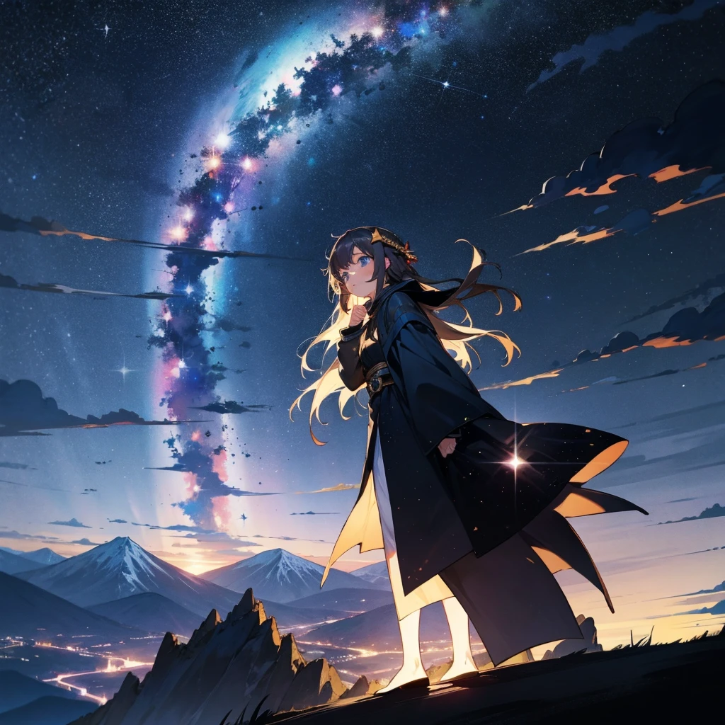 beautiful girl, At the top of the mountain, Night view, Night Sky, Starry Sky, Asahi