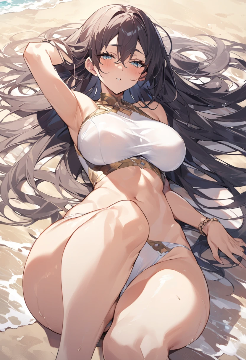 characters from the seven deadly sins defined athletic body thin big breasts big buttocks long hair sunbathing lying down touching her buttocks on the beach 