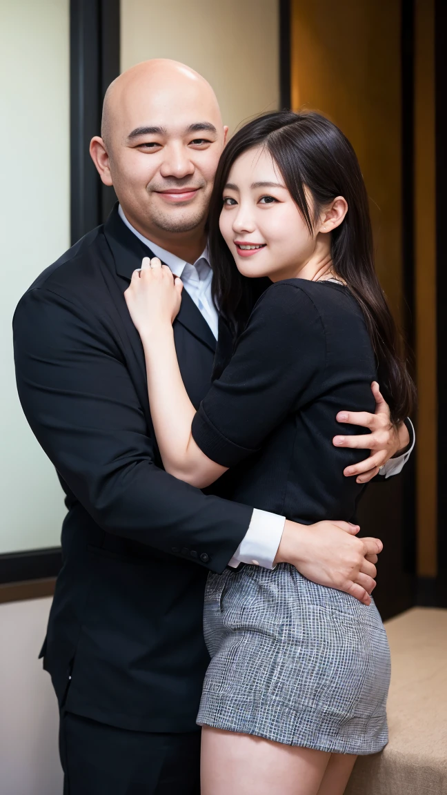 Highest quality、4k quality、A Japanese woman in a miniskirt suit is being hugged by a bald, overweight, middle-aged Japanese man、Small face、Confused expression、18-year-old、The woman is slim、Middle-aged man massaging woman's breasts、Shirt with bare shoulders、Open your mouth(1.6)