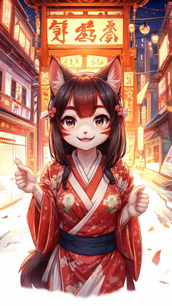 Yaki Neko，Cat，cute，Girl，Happy smile，City night scene，A-cup breasts，Hanfu，Red cat tail