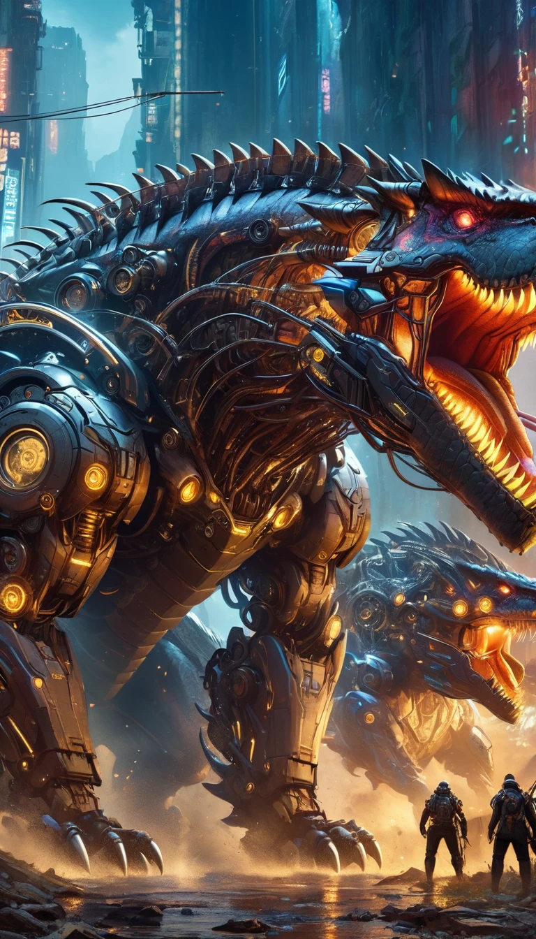 fantasy, sci-fi, dark fantasy, wide angle,  biomechanical monster, Tyrannosaurus, intricate details of mechanical parts, war machine monster, human rider on mechanical monster, immersive background of fantasy war of mechanical monsters, digital painting