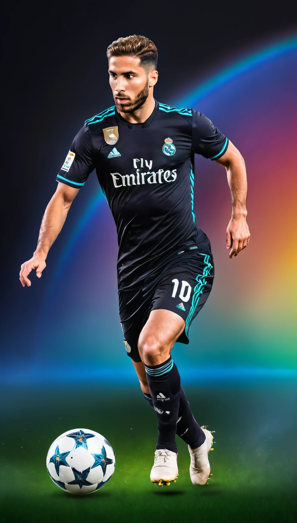 (masterpiece:1.2, Highest quality),(Super detailed),(High resolution),(Best illustrations),8k,wallpaper,BREAK(male:1.6),(Soccer Player Trading Cards),(black real madrid uniform),(((Beautiful trading cards))),((Special trading cards)),(((front))),(((whole body:1.5))),(Serious),(Detailed hands),(((dynamic))),(Rainbow colored three-dimensional background:1.6),(Drawing the card frame:1.3)