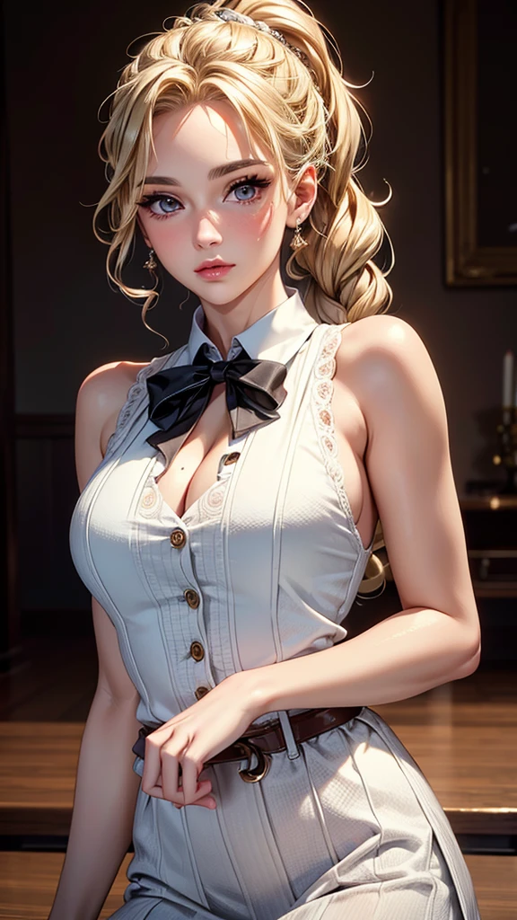 (best quality, 8K, masterpiece:1.3), pretty Woman, 1 girl, beautiful face, (Sexy), blonde hair, curly braided ponytail, White vest, Ultra-detailed face, Detailed lips, super detailed eyes, double eyelids, long upper eyelashes, Soft skin, HD skin, portrait, 8k photo, depth of field, Super detailed, best quality detail, retina, Ultra-high resolution, masterpiece, ccurate