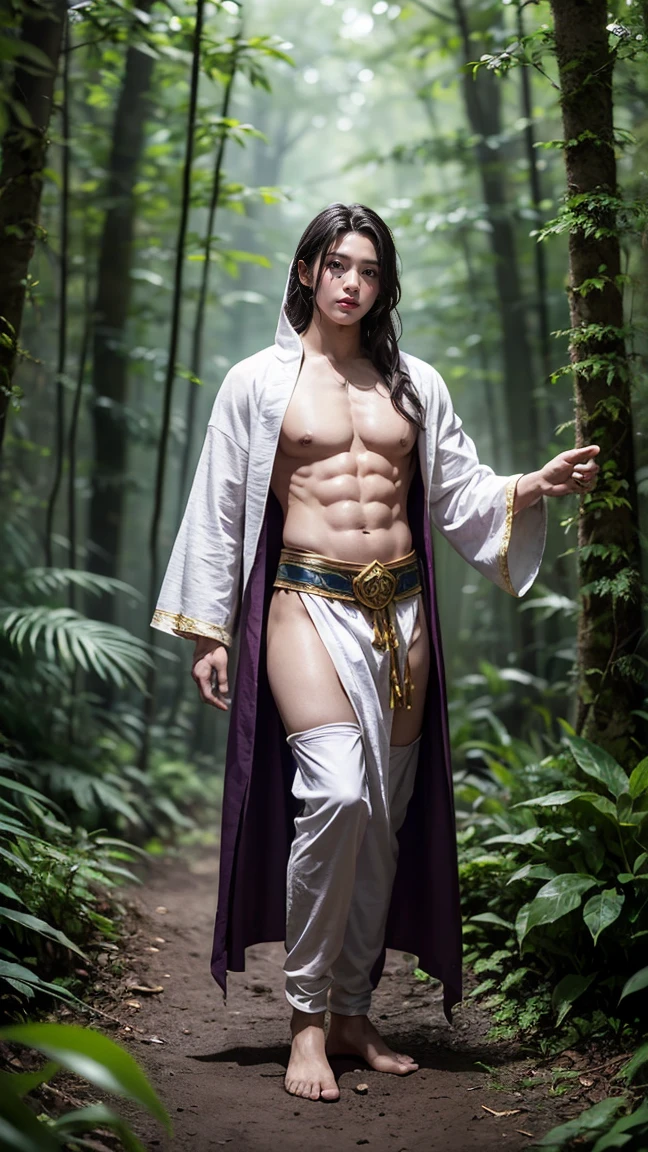 "Create an image of Milio in his Classic skin from League of Legends by Riot Games, no having clothes,wearing his traditional mage attire with flowing robes and mystical symbols, have massive k-cups, standing in a magical forest with glowing plants and enchanted creatures."