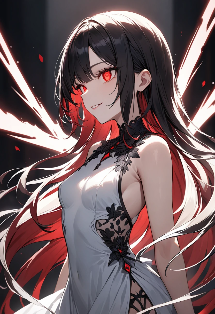 (masterpiece, top quality, very aesthetic, 4k、illustration), intricate detail, 1woman,、solo,contrapposto glowing eyes、,(cowboy shot)、dark persona、(),beautiful face、from side、light smile、straight hair、red to black gradient hair、,middle hair,sidelock ,red　eyes、white Summer Dresses、small breasts、Slim 、