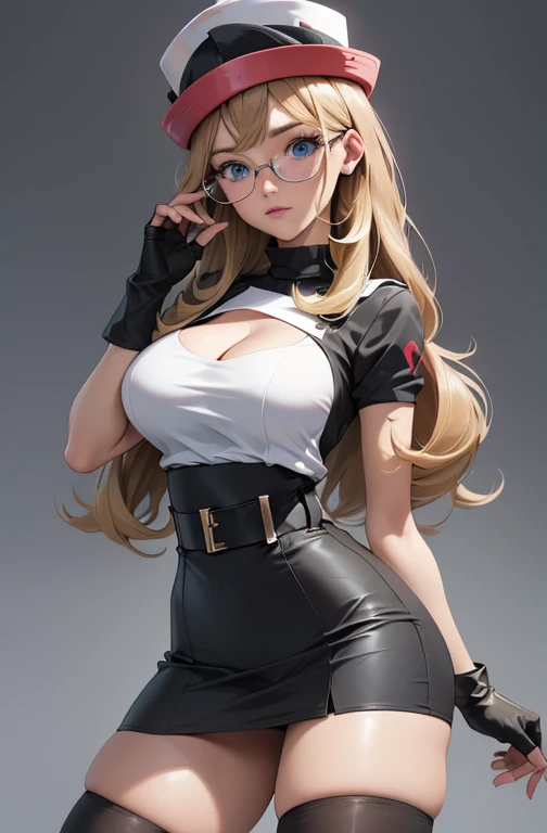 ((corps entier 5.5, plan large 2.5)), ((sexy)), SFW((sexy)), SFW,((legs spread))(masterpiece, best quality:1.4), absurdres, highres, ultra detailed, beautiful, 1girl, (perfect face, detailed face, beautiful:1.3), (blue eyes, glasses, golden hair, bangs, hair intakes, long hair), (natural breasts, cleavage), collarbone, fingerless gloves, gloves,spaghetti strap top, black pencil skirt, tight, over the knee skirt, hat, elegant nurse outfit, thighhighs, thick thighs, thighs, multiple belts, More detailed 8K.motor irreal:1.4,UHD,La mejor calidad:1.4, fotorrealista:1.4, textura de la piel:1.4, obra maestra:1.8,obra-prima, mejor calidad,objeto Objeto], (detailed face features:1.3),(manos detailed)