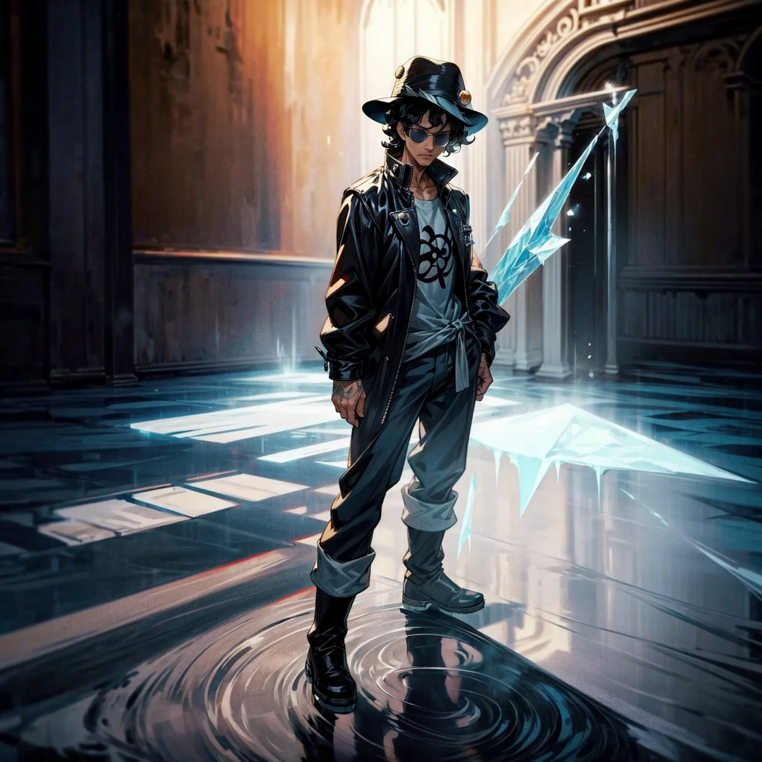 Solo character, full body version, aged man, black eyes, hat, black hair, Curly hairstyle, sunglasses, casual clothing, white boots, detailed shadow, (one piece style art), indoor room ice, cathedral, ice floor, Nitrogen smoke, glow ice effect, standing gesture, hand ice, ice magic 