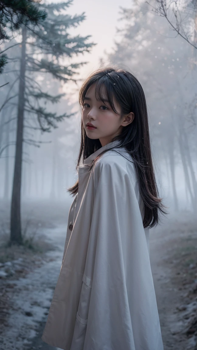 Realistic photos, ソニーA7IVで20mm GマスターレンズをF1の広い絞りに設定して撮Shadowしたシーン.5 Unforgettable beauty unfolds, superior 400, Professional Lighting, Bokeh, Depth of written boundary, Shadow, Bright light, granular, Very detailed, Bright high contrast light, sunset, Stunning Magical Night Colours, Thick Fog, Foggy, Dummy Color, White Forest Girl, snow, Peaceful and eerie, girl facing forward, Everything quickly fades into a white background, The atmosphere is quiet, calm and peaceful, deeply、Evoke emotions,