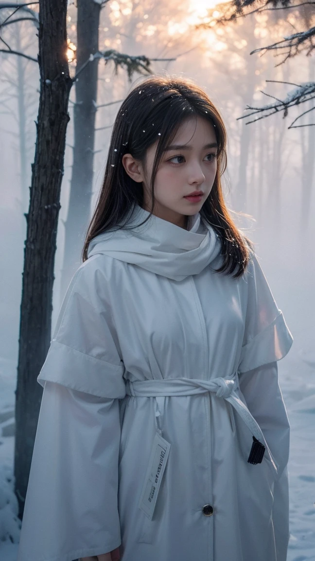 Realistic photos, ソニーA7IVで20mm GマスターレンズをF1の広い絞りに設定して撮Shadowしたシーン.5 Unforgettable beauty unfolds, superior 400, Professional Lighting, Bokeh, Depth of written boundary, Shadow, Bright light, granular, Very detailed, Bright high contrast light, sunset, Stunning Magical Night Colours, Thick Fog, Foggy, Dummy Color, White Forest Girl, snow, Peaceful and eerie, girl facing forward, Everything quickly fades into a white background, The atmosphere is quiet, calm and peaceful, deeply、Evoke emotions,