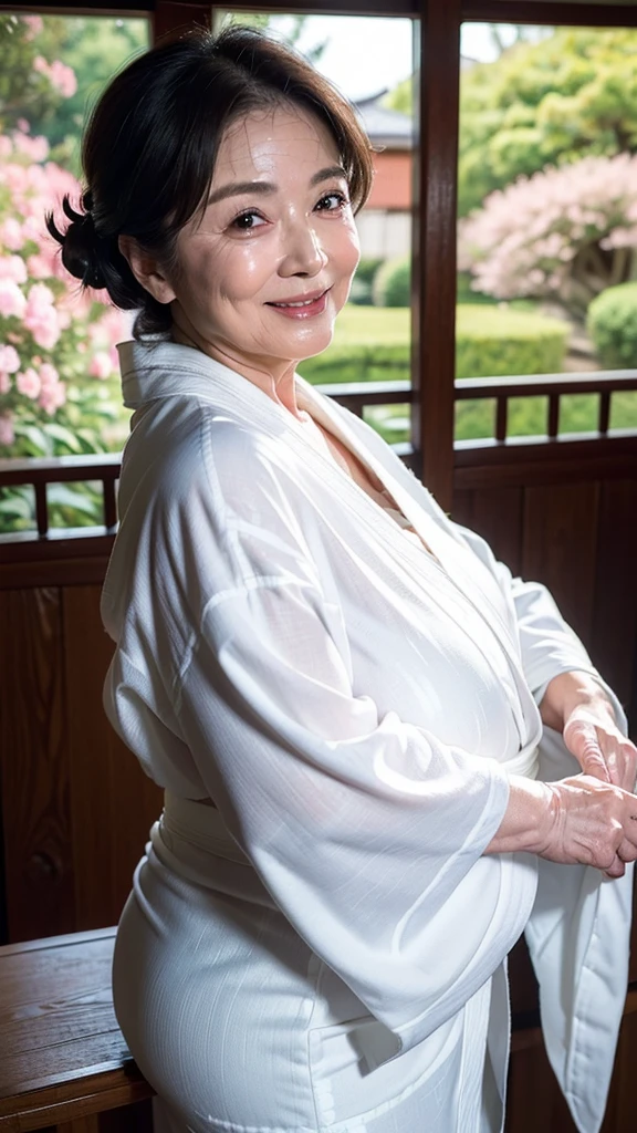 (masterpiece:1.4),(68-year-old woman:1.5),(facial wrinkles : 1.2),seductive smile, (up hair : 1.1), (wearing white kimono with pattern), beautiful Mature Woman, plump body, voluptuous body, traditional japanese scene, detailed background