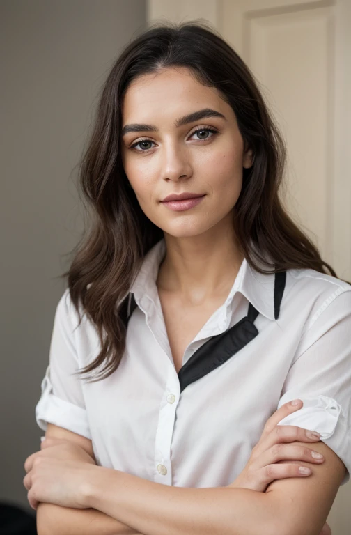 a woman in a white shirt and black boots posing for a picture with her hands on her hips and her legs crossed,Adrienn Henczné Deák,promotional image,a character portrait,barbizon school,Raw photo,8k, realistic skin details, realistic hair details,perfect skin,8k uhd, dslr, high quality, film grain, fujifilm xt3,16k uhd, dslr, best quality,decent Wrinkles,decent makeup,realistic expression,perfect complexion, realistic shadows,realistic reflections of light in detail on the skin,perfect skin,