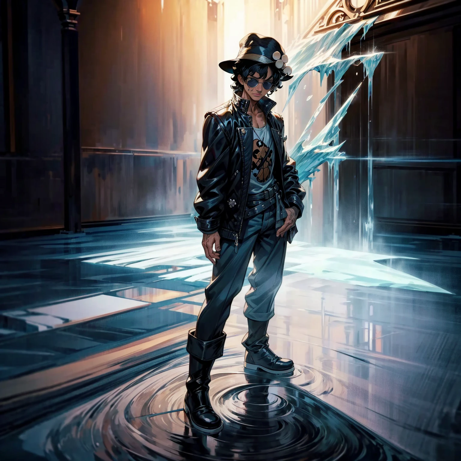 Solo character, full body version, aged man, black eyes, hat, black hair, Curly hairstyle, sunglasses, casual clothing, white boots, detailed shadow, (one piece style art), indoor room ice, cathedral, ice floor, Nitrogen smoke, glow ice effect, standing gesture, hand ice, ice magic 