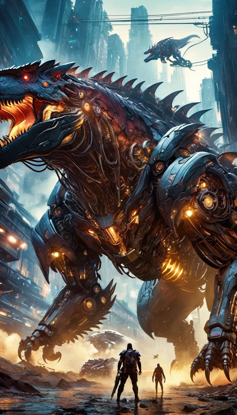 fantasy, sci-fi, dark fantasy, wide angle,  biomechanical monster, Tyrannosaurus, intricate details of mechanical parts, war machine monster, human rider on mechanical monster, immersive background of fantasy war of mechanical monsters, digital painting