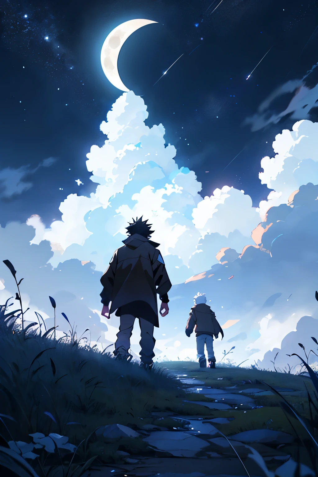 There should be black sky and there should be a lonely boy with his being close to the ground and there should be blue sky with the moon, make an anime