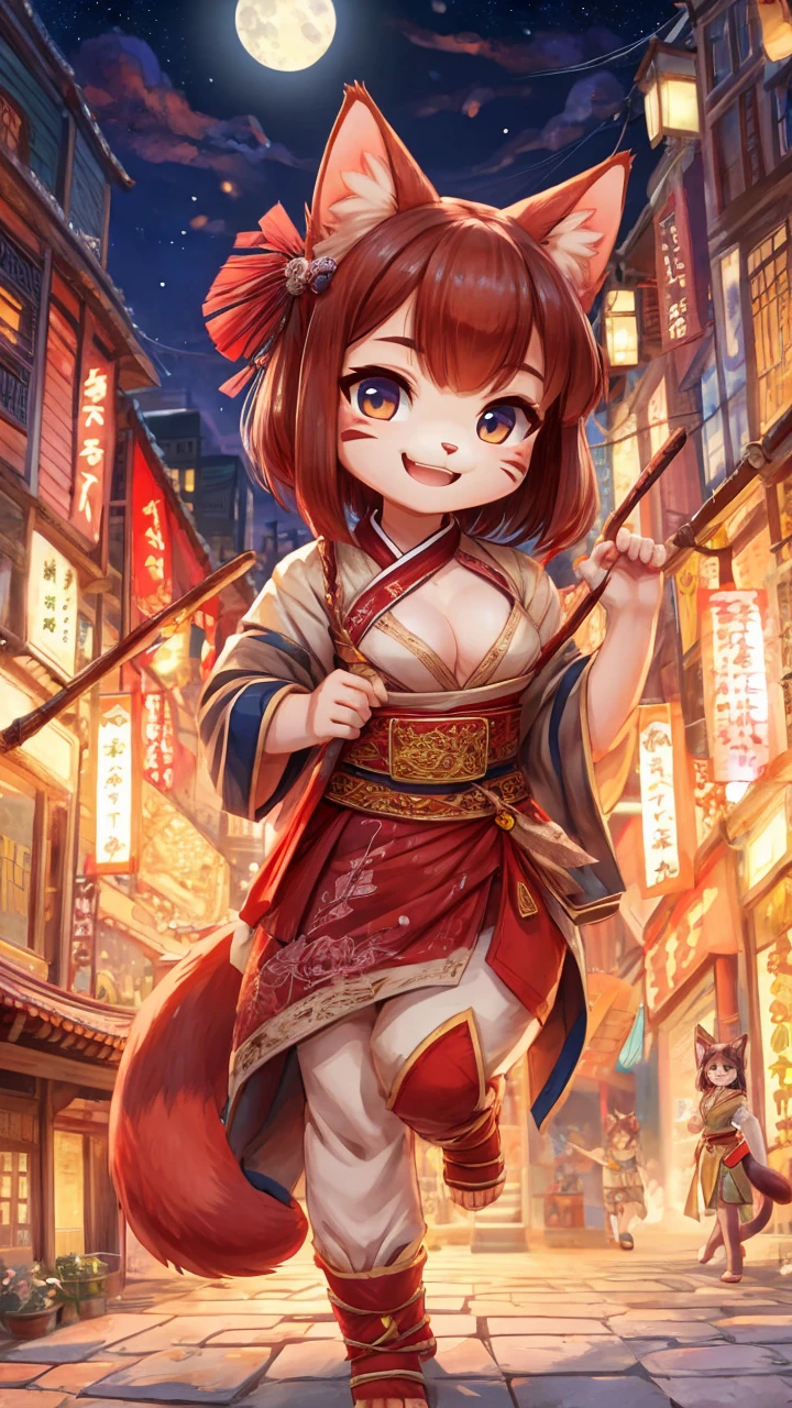 Yaki Neko,Cat,cute,Girl,Happy smile,City night scene,A-cup breasts,Hanfu,Red cat tail
